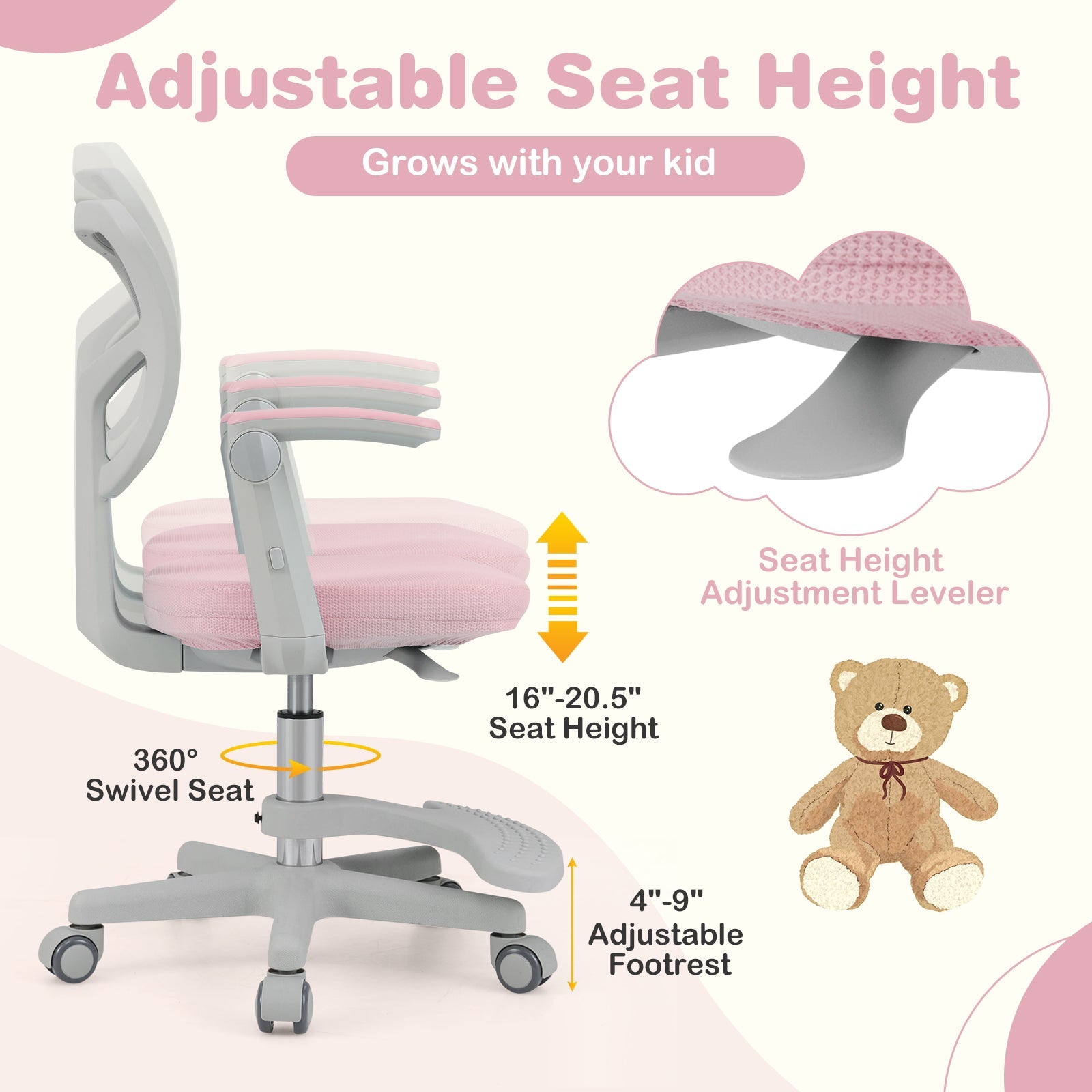 Kids Desk Chair Children Study Chair with Adjustable Height Armrest and Footrest
