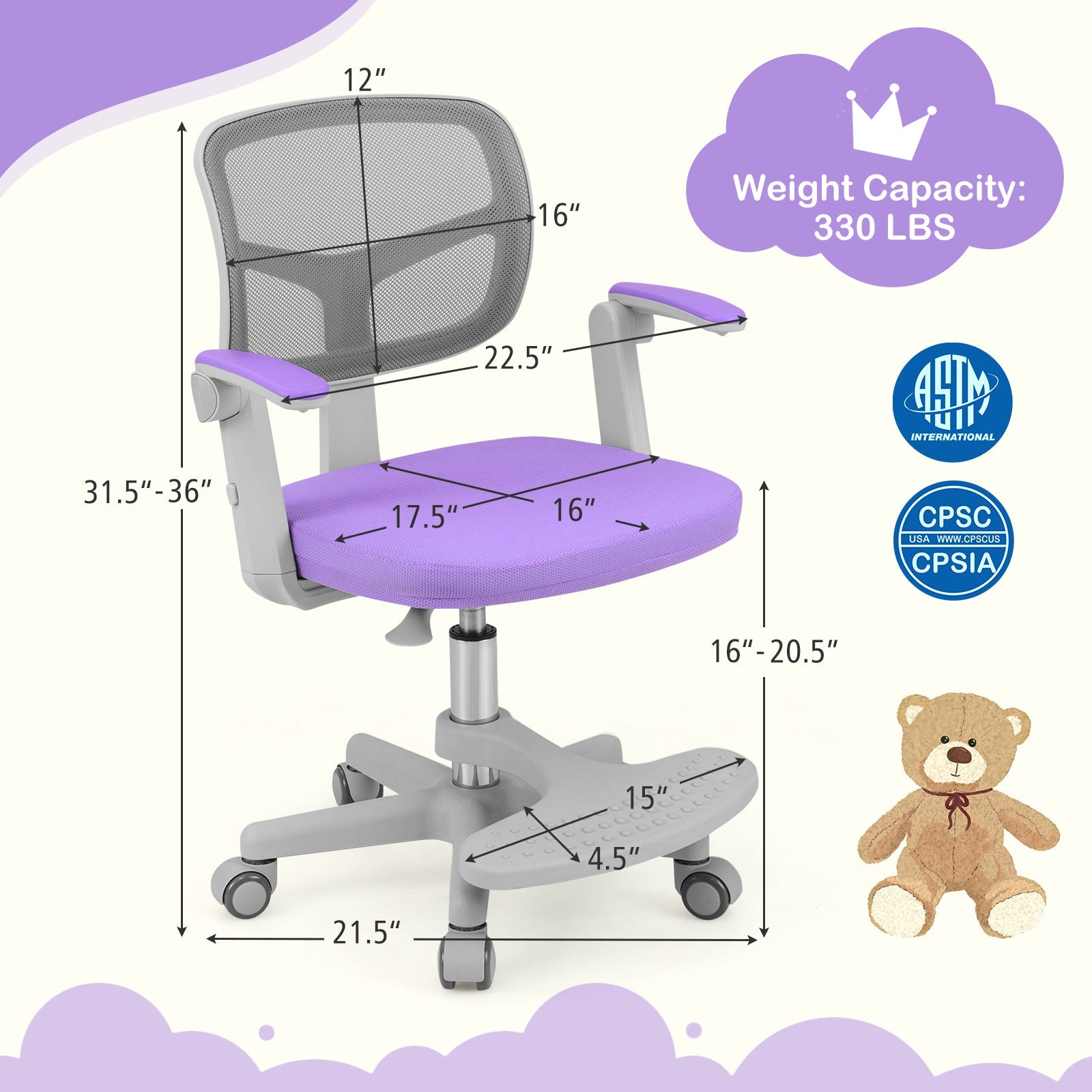 Kids Desk Chair Children Study Chair with Adjustable Height Armrest and Footrest