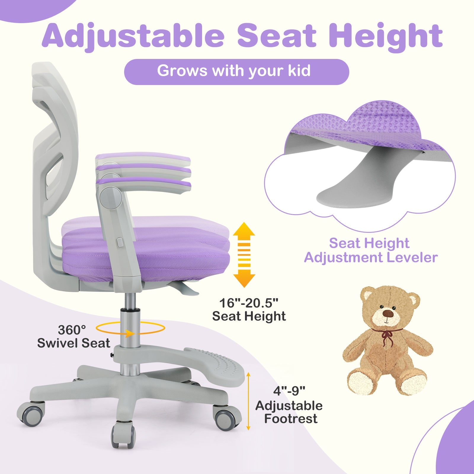 Kids Desk Chair Children Study Chair with Adjustable Height Armrest and Footrest