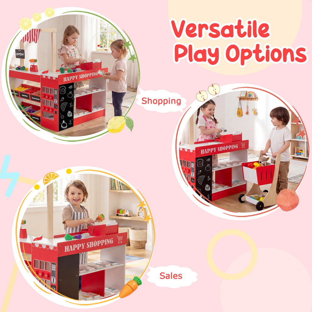 Kids Grocery Store Playset Wooden Pretend Play Supermarket with Shopping Cart