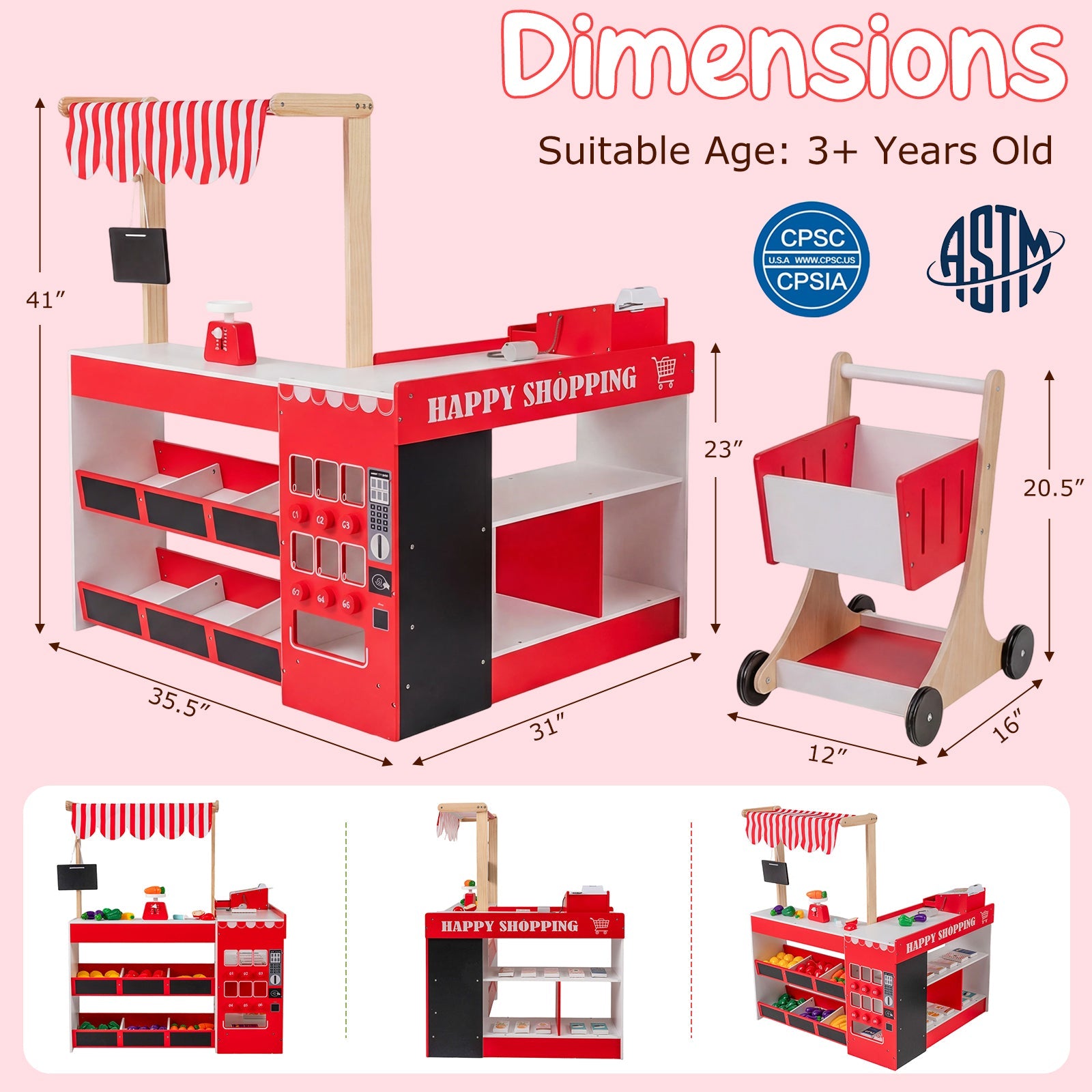 Kids Grocery Store Playset Wooden Pretend Play Supermarket with Shopping Cart