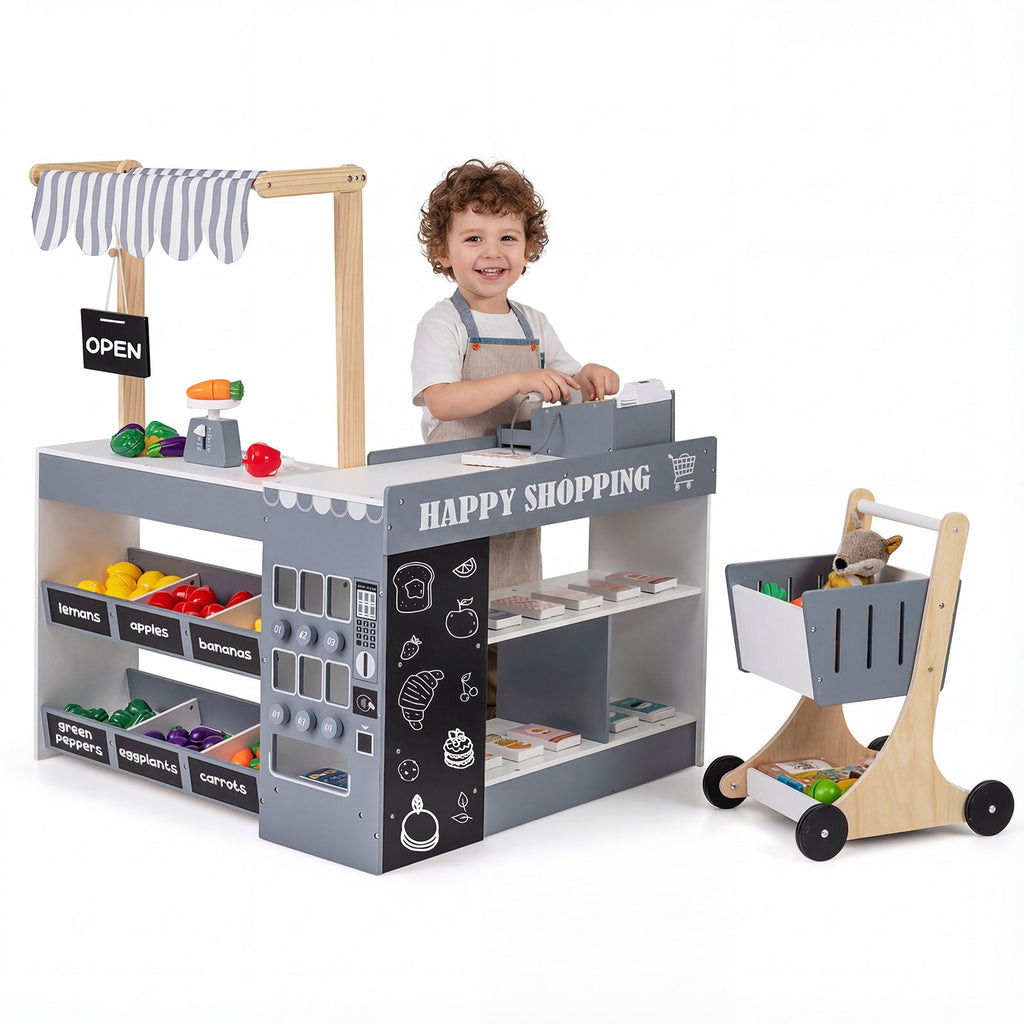 Kids Grocery Store Playset Wooden Pretend Play Supermarket with Shopping Cart