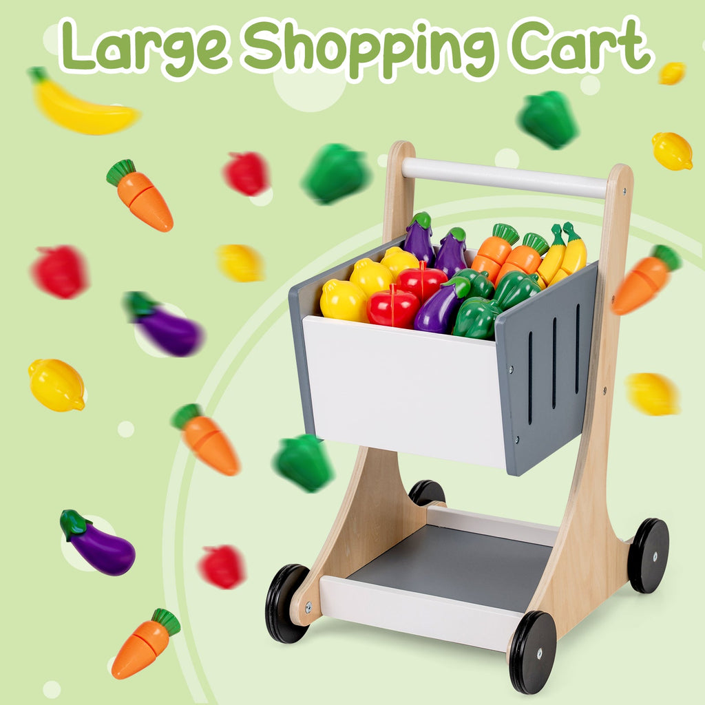 Kids Grocery Store Playset Wooden Pretend Play Supermarket with Shopping Cart