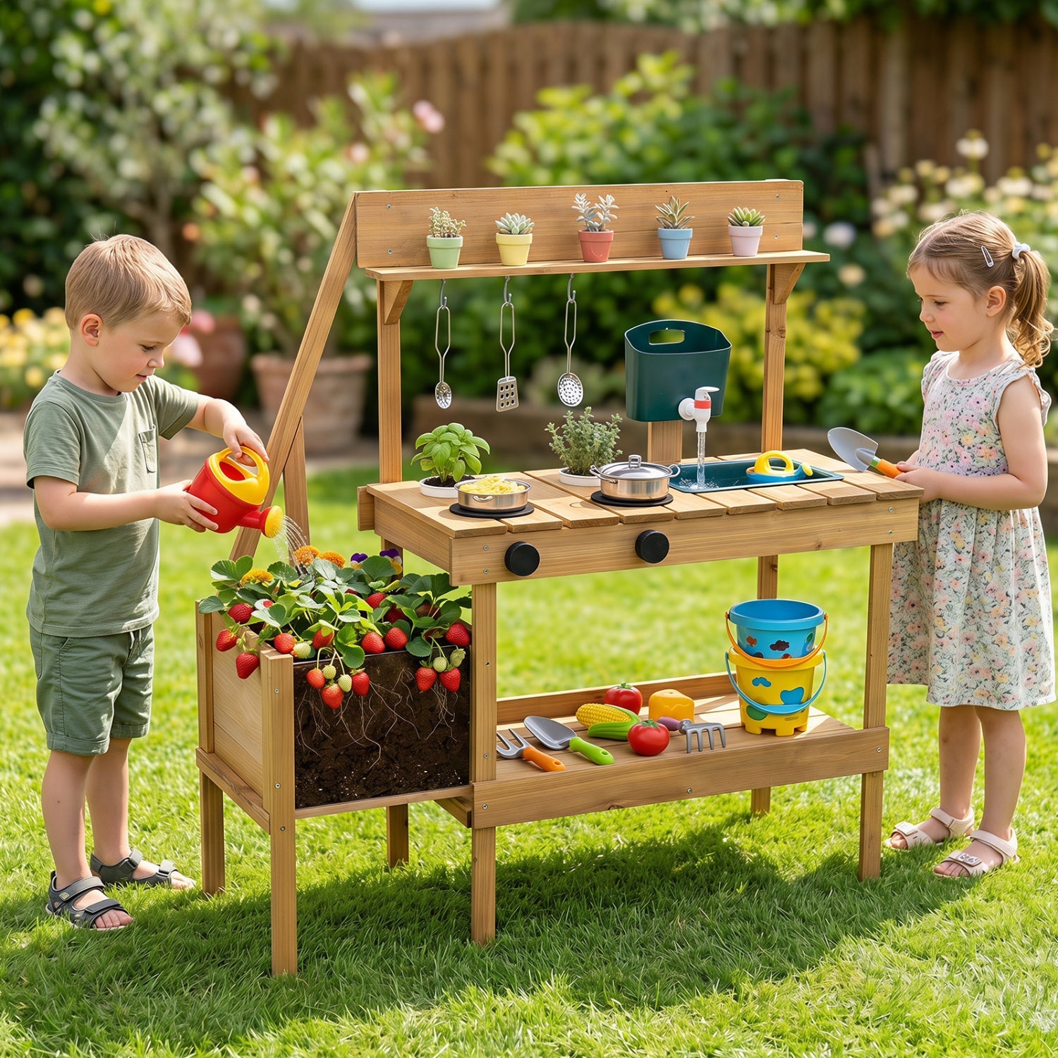 Wooden Mud Kitchen with Planter Box for Kids