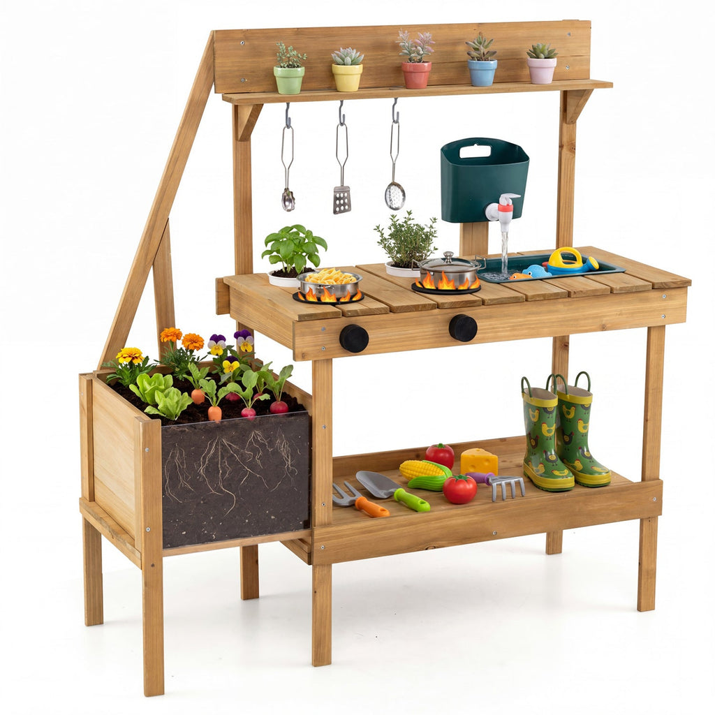 Wooden Mud Kitchen with Planter Box for Kids