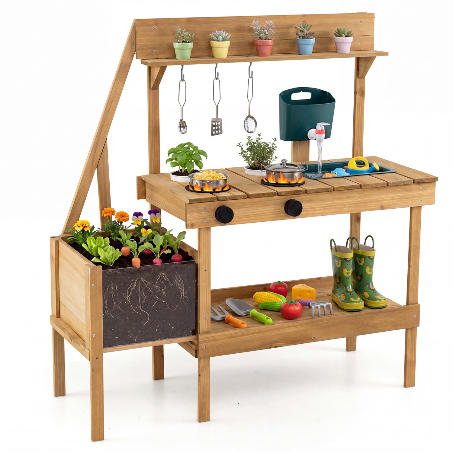 Wooden Mud Kitchen with Planter Box for Kids
