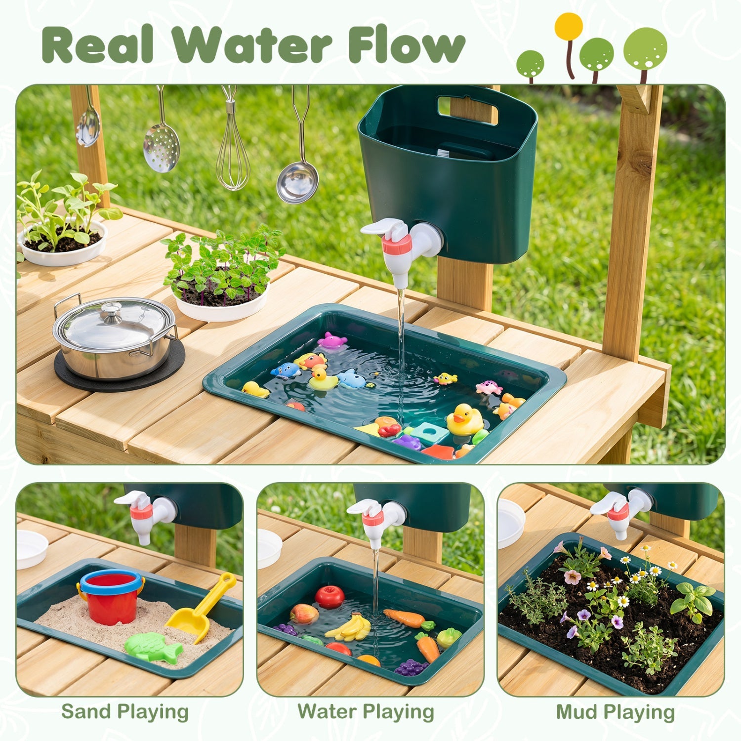 Wooden Mud Kitchen with Planter Box for Kids