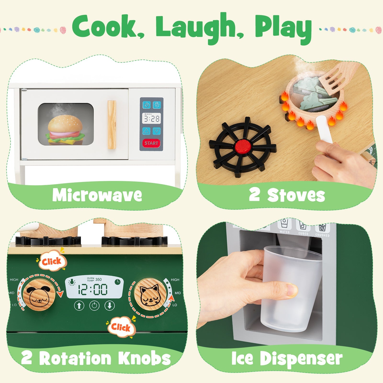 Kids Play Kitchen with Microwave and Rotation Knobs for Girls Boys Aged 3-6