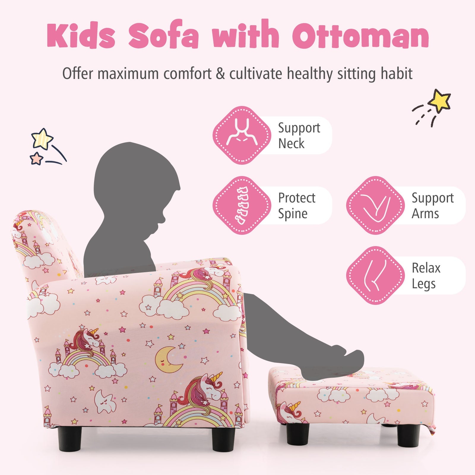 Kids Single Sofa with Cute Patterns Ergonomic Backrest and Armrests