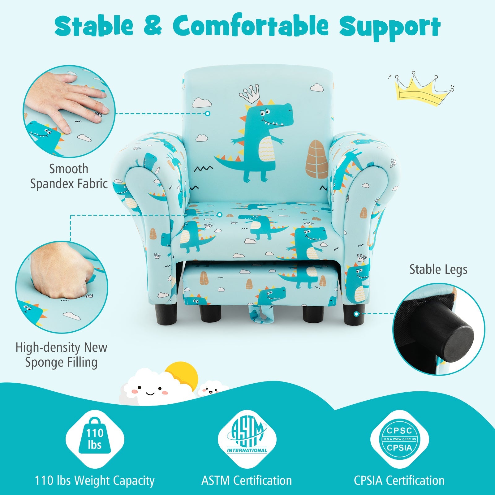 Kids Single Sofa with Cute Patterns Ergonomic Backrest and Armrests