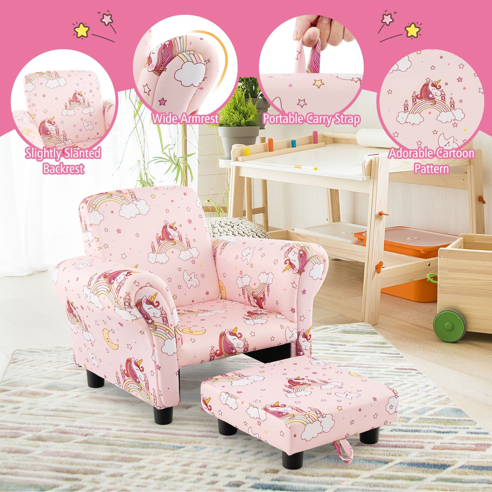 Kids Single Sofa with Cute Patterns Ergonomic Backrest and Armrests