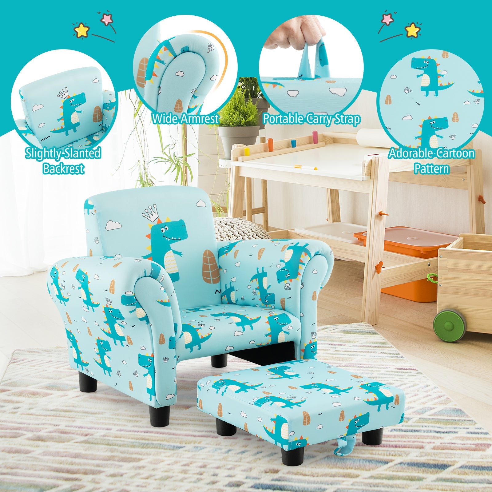 Kids Single Sofa with Cute Patterns Ergonomic Backrest and Armrests
