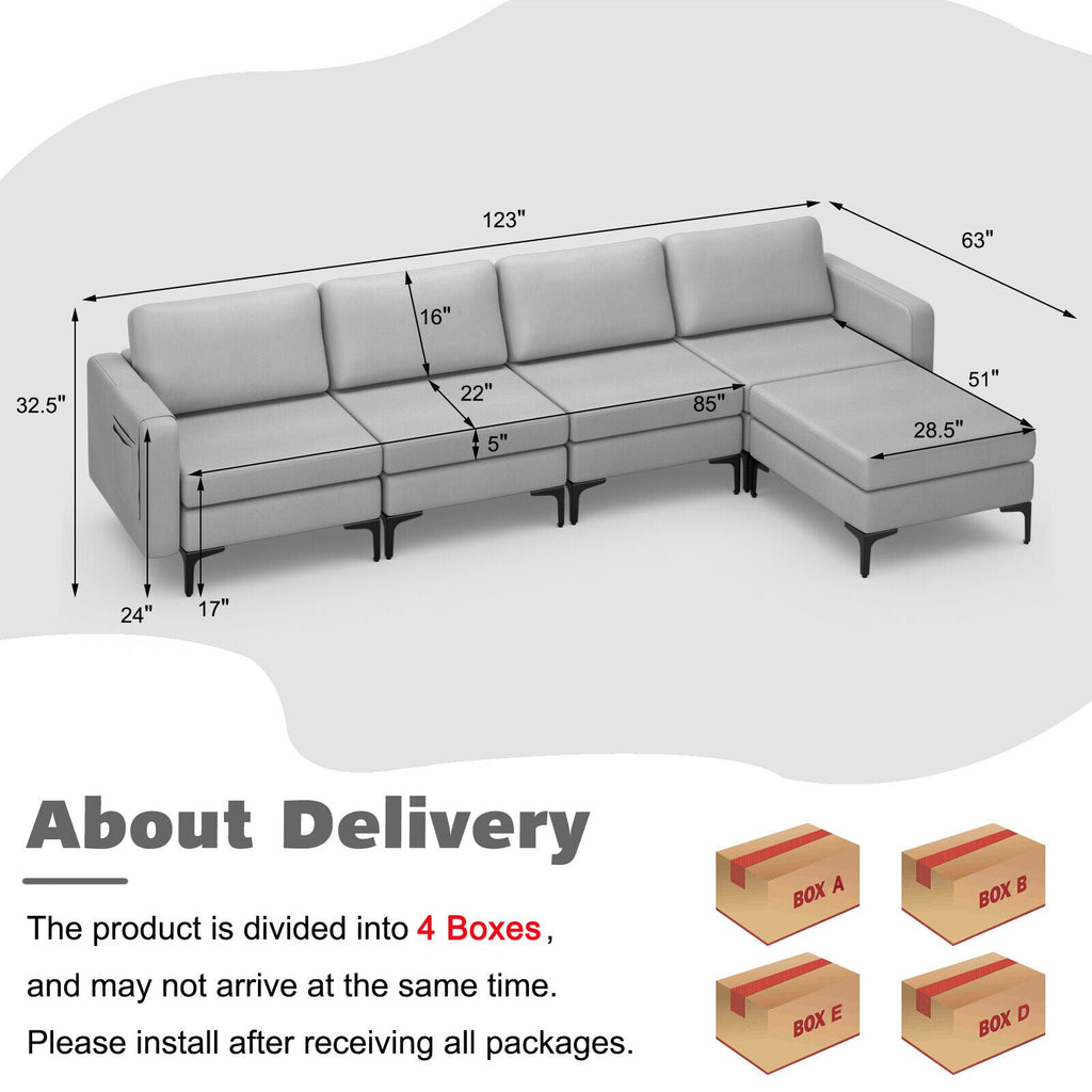 Modular L-shaped Sectional Sofa with Reversible Ottoman and 2 USB Ports