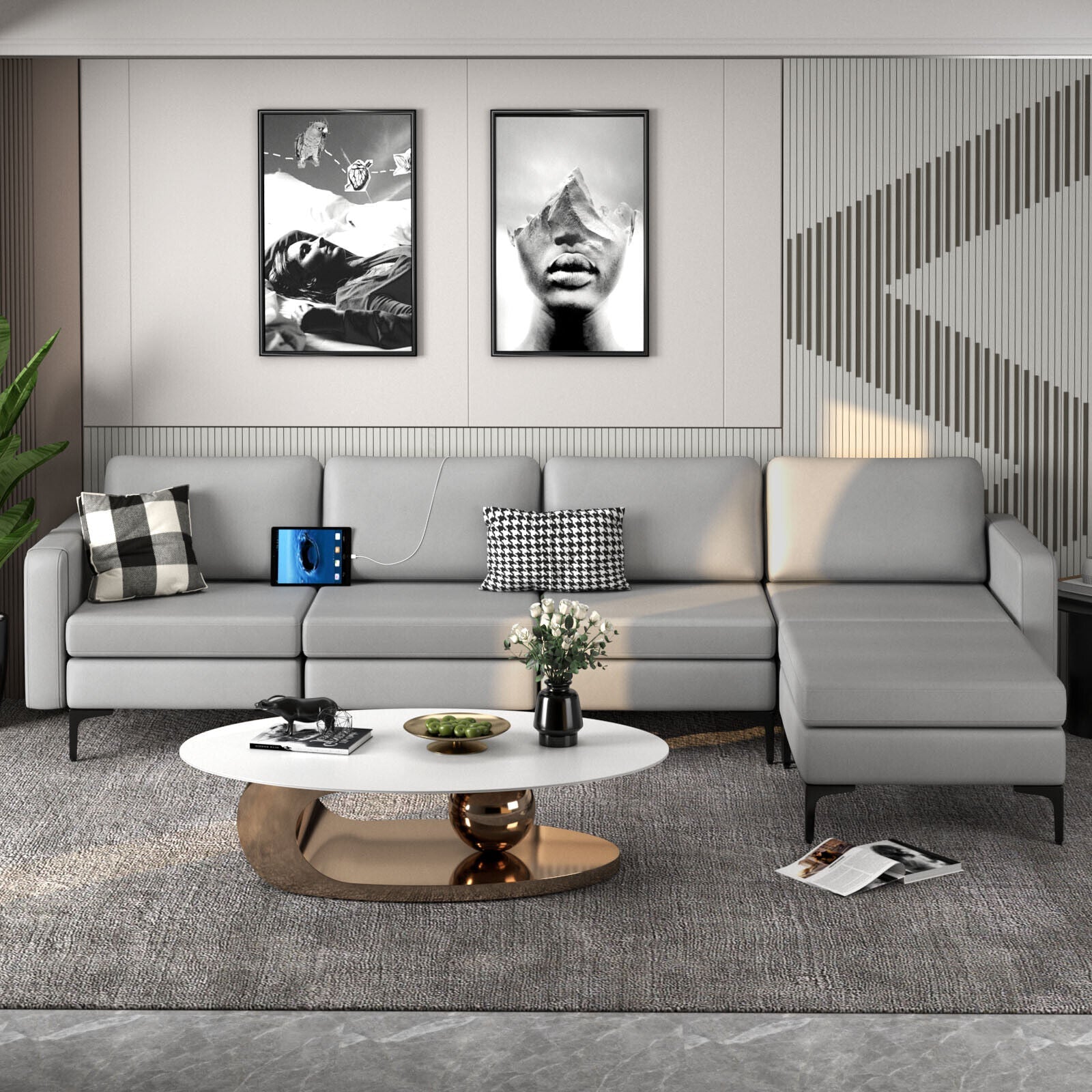 Modular L-shaped Sectional Sofa with Reversible Ottoman and 2 USB Ports
