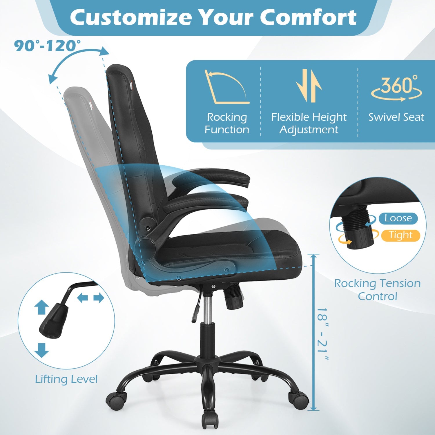 Leather Office Chair Ergonomic Computer Desk Chair with Flip-up Armrests