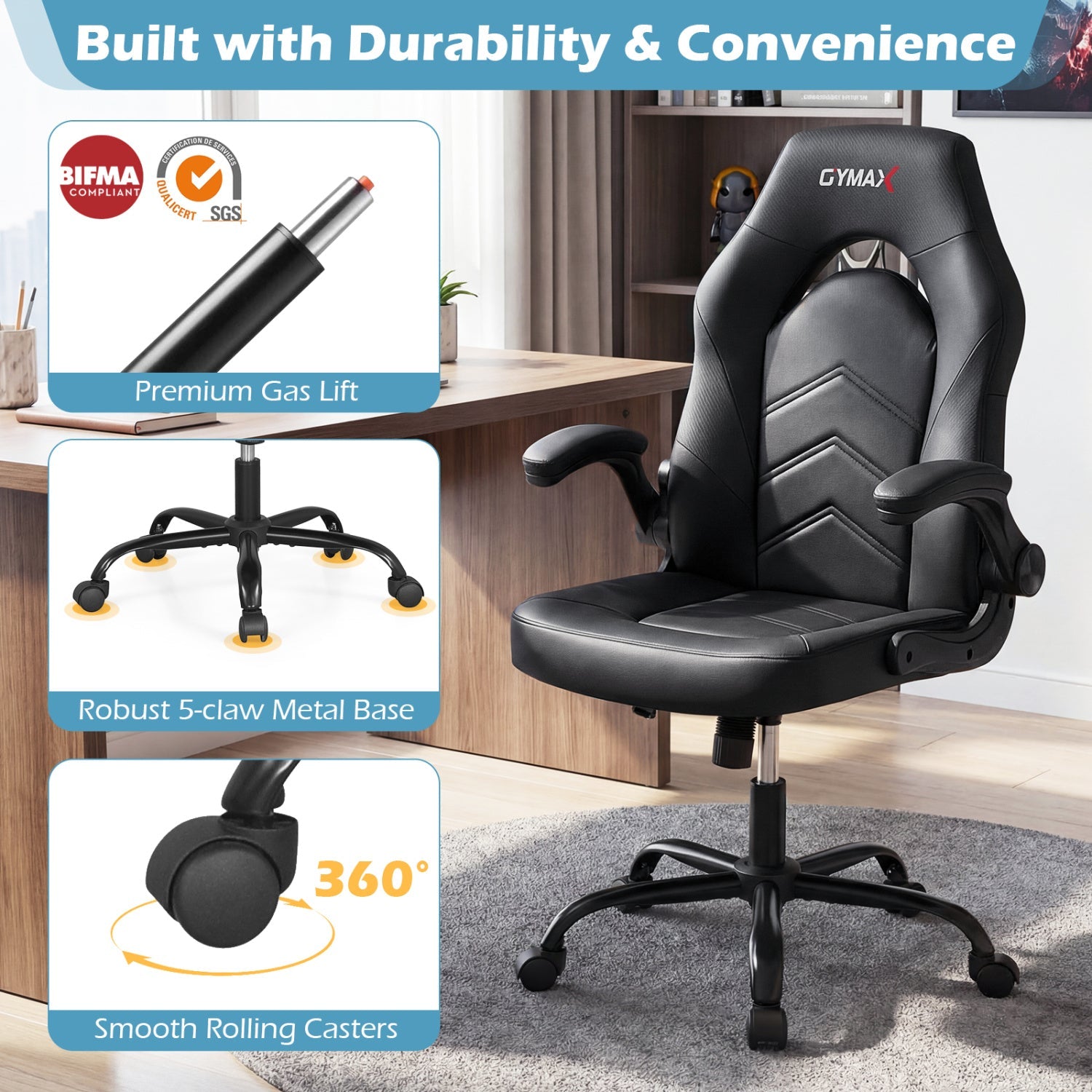 Leather Office Chair Ergonomic Computer Desk Chair with Flip-up Armrests