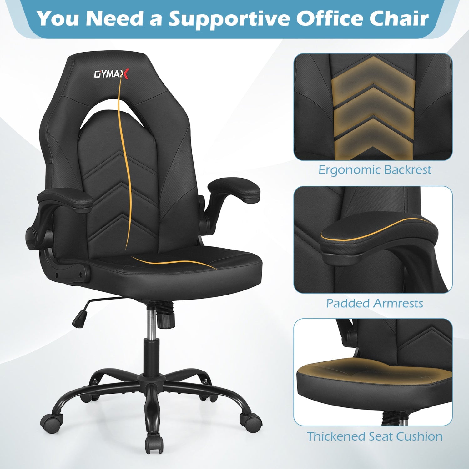 Leather Office Chair Ergonomic Computer Desk Chair with Flip-up Armrests