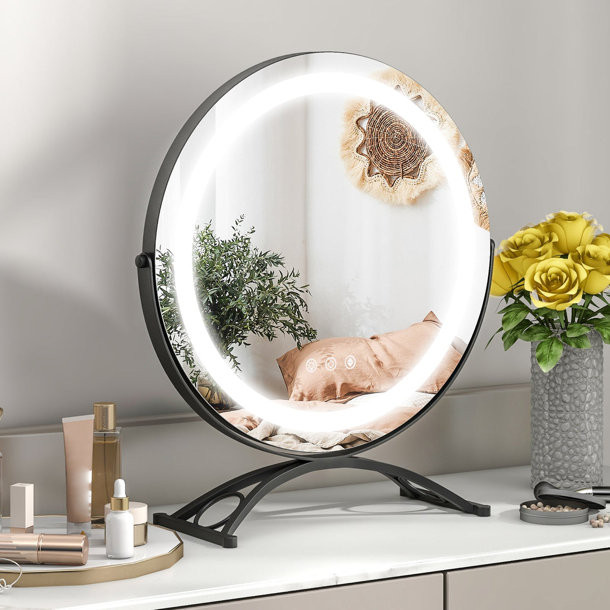 16 x 16 Inch Round LED Vanity Mirror with 3-Color Lighting and Brightness Dimming