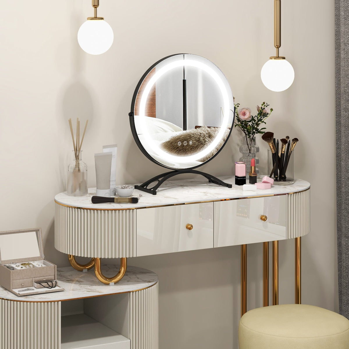 16 x 16 Inch Round LED Vanity Mirror with 3-Color Lighting and Brightness Dimming