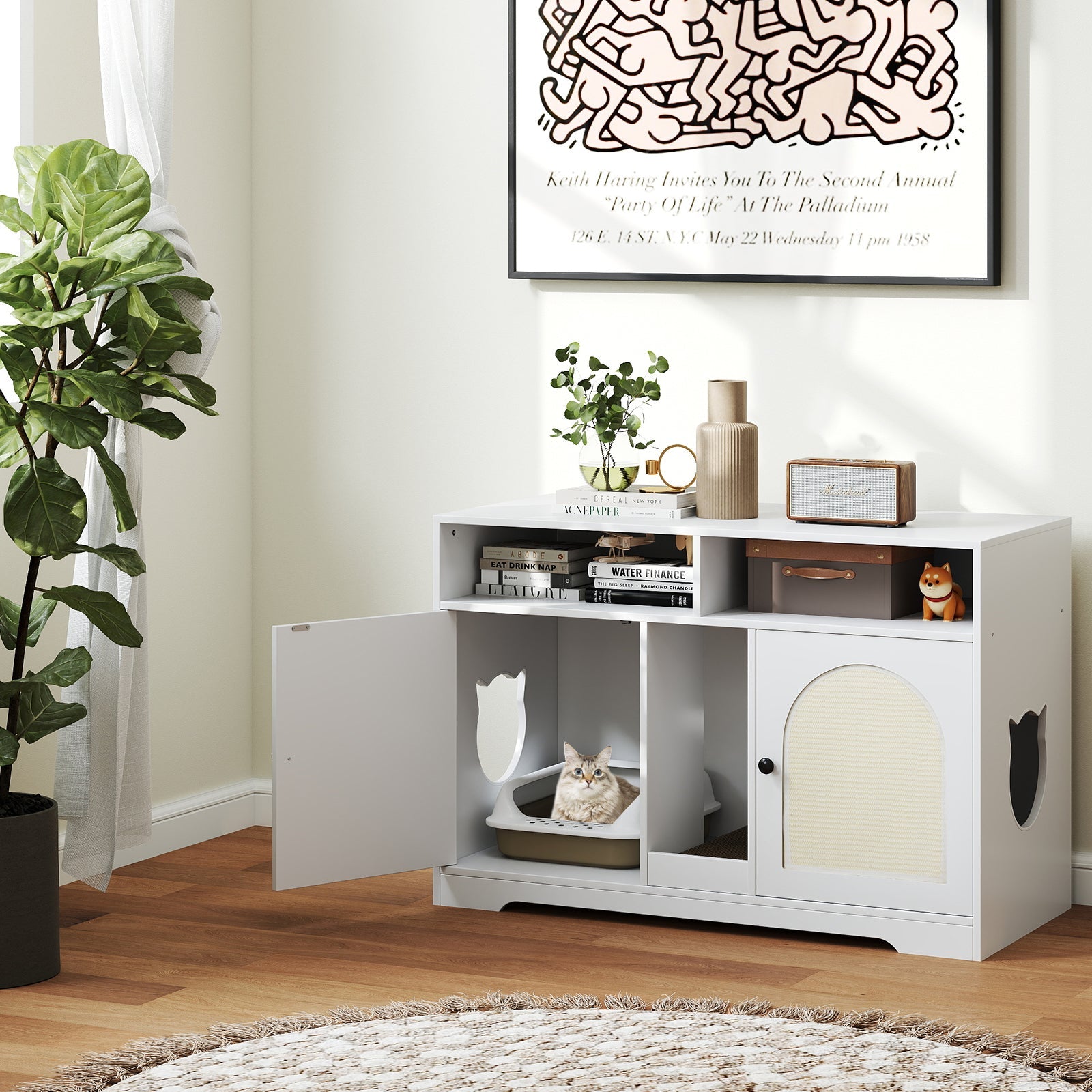 43 Inches Cat Litter Box Enclosure with Storage and Double Rooms-White