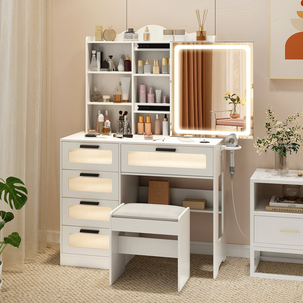 Makeup Vanity Desk with Mirror and Charging Station-White