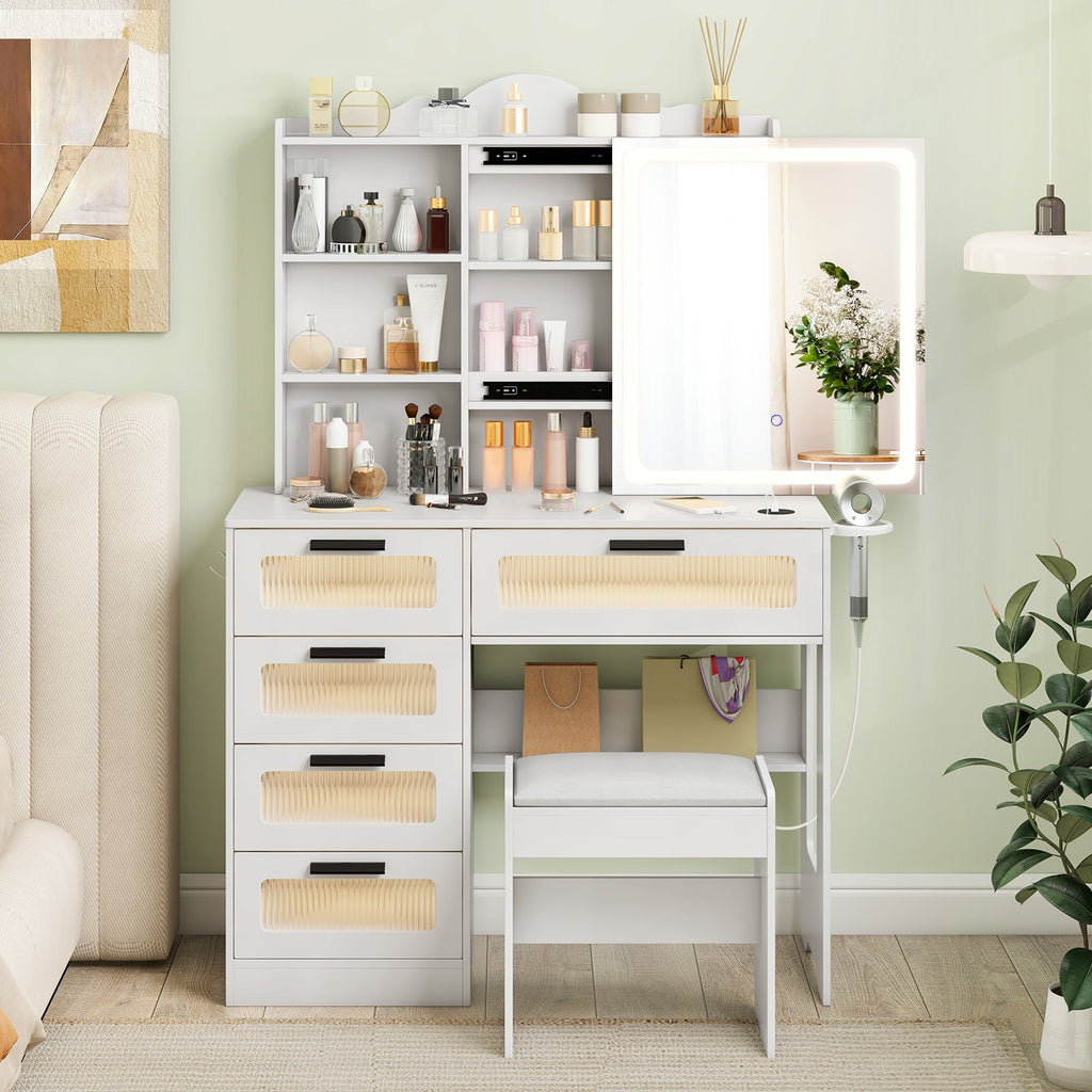 Makeup Vanity Desk with Mirror and Charging Station-White