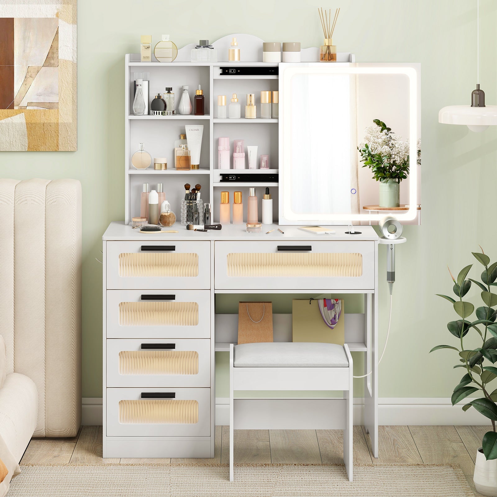 Makeup Vanity Desk with Mirror and Charging Station-White