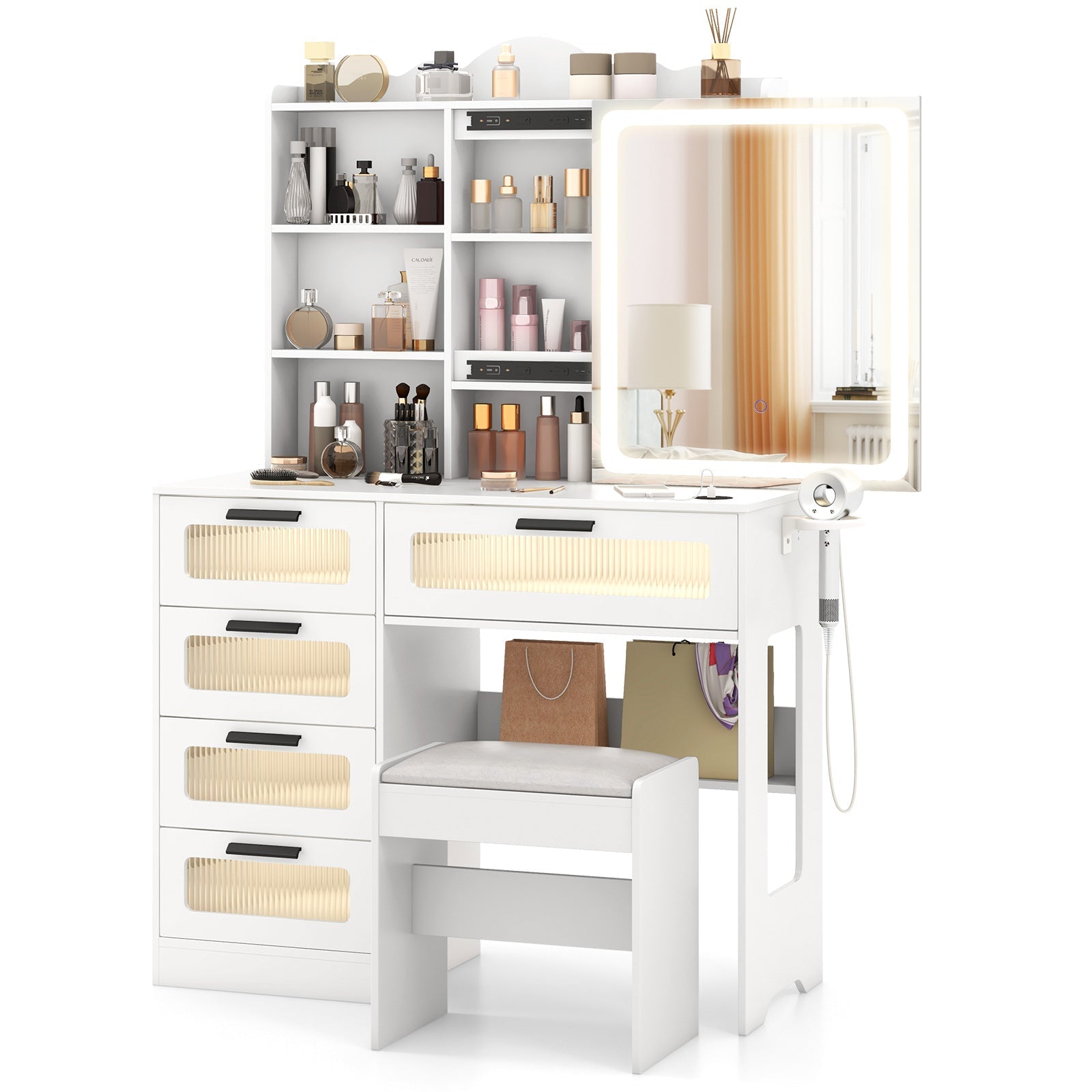 Makeup Vanity Desk with Mirror and Charging Station-White