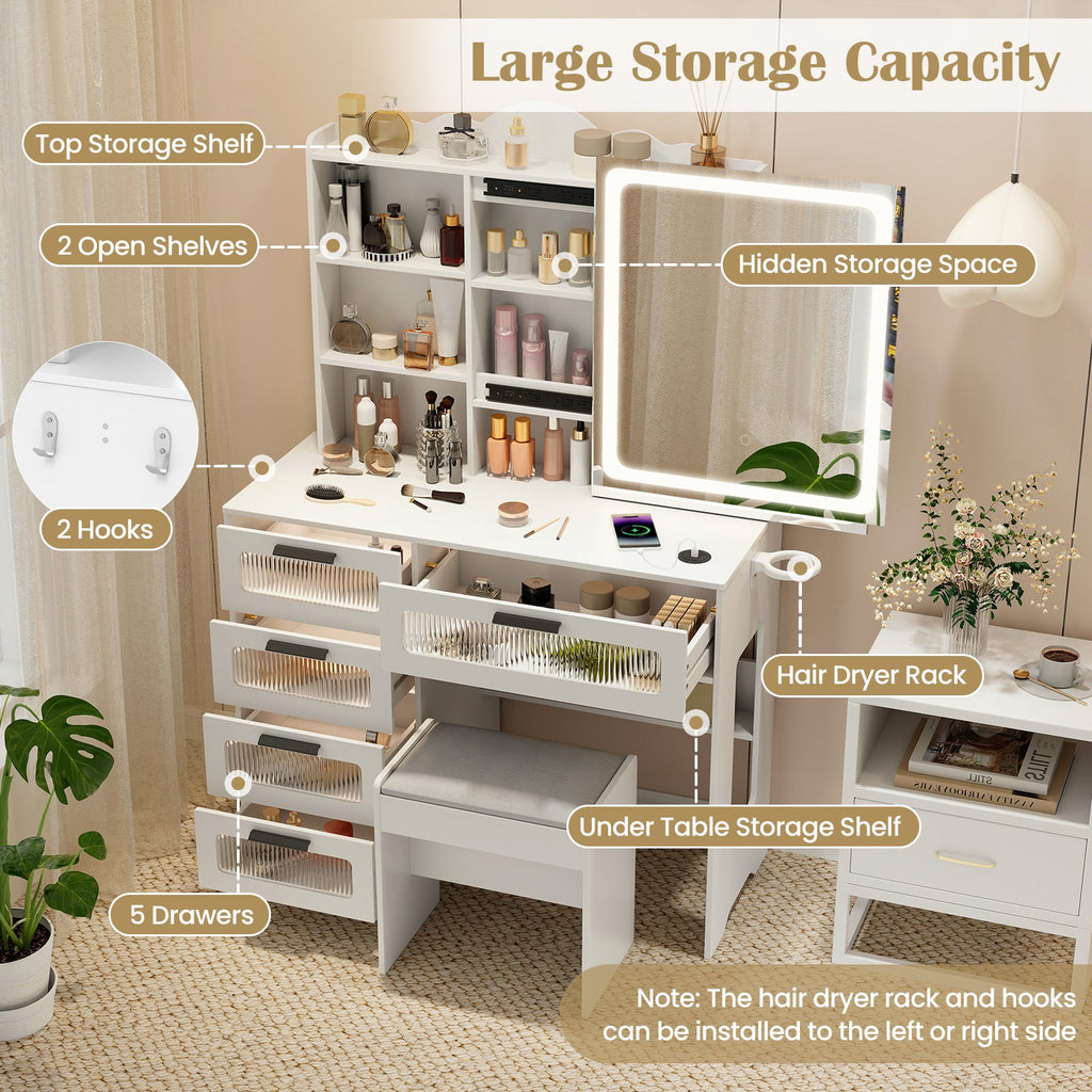 Makeup Vanity Desk with Mirror and Charging Station-White