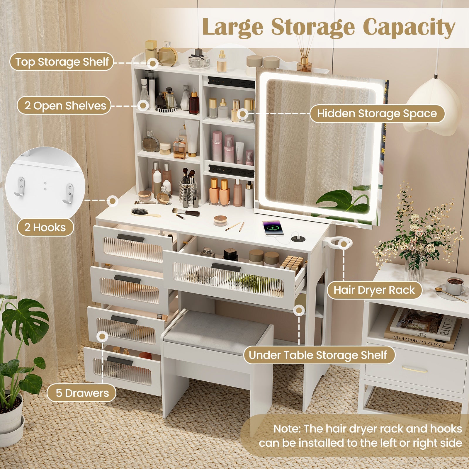 Makeup Vanity Desk with Mirror and Charging Station-White