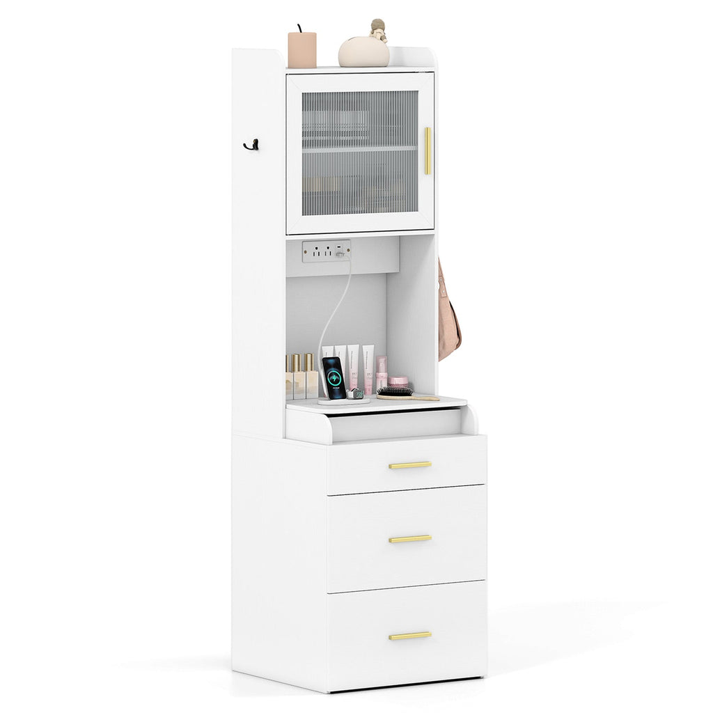 Makeup Vanity with Power Outlets and Flip-top Mirror and Storage Stool-White