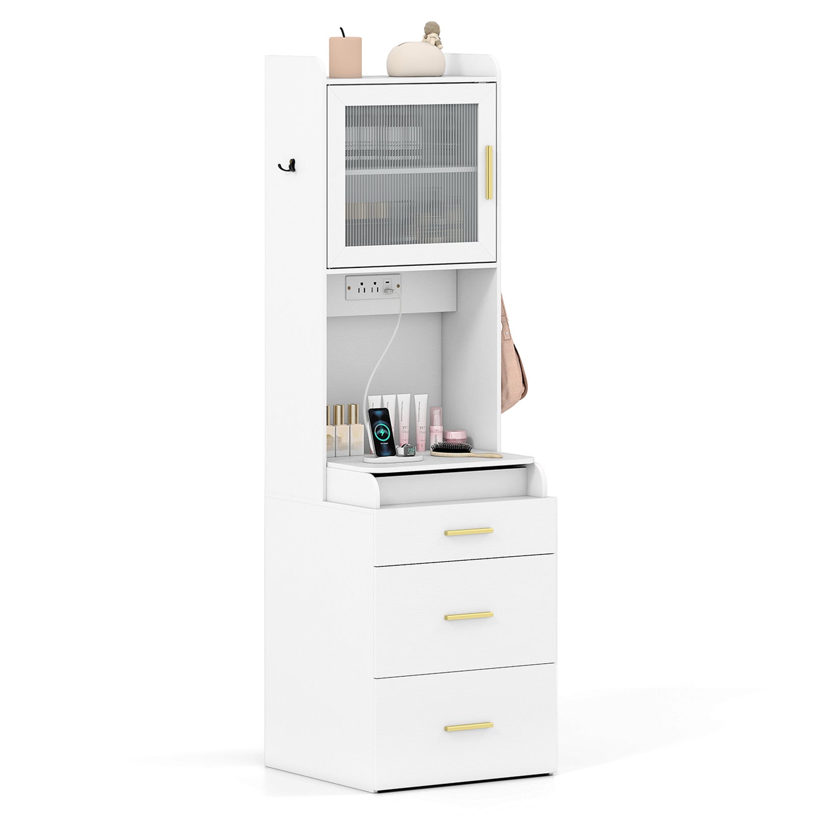 Makeup Vanity with Power Outlets and Flip-top Mirror and Storage Stool-White