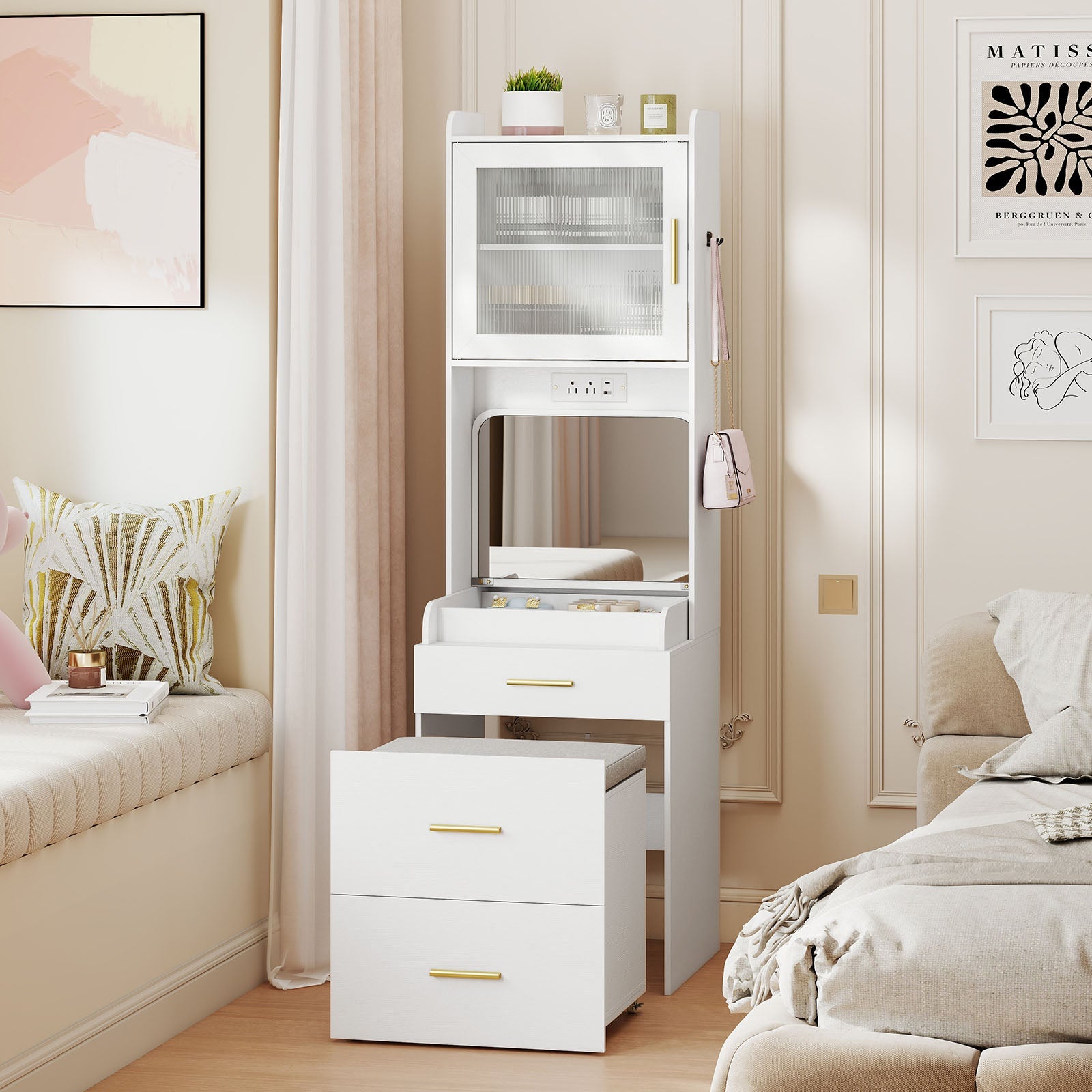 Makeup Vanity with Power Outlets and Flip-top Mirror and Storage Stool-White