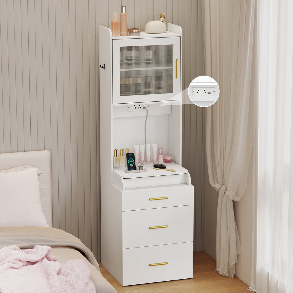 Makeup Vanity with Power Outlets and Flip-top Mirror and Storage Stool-White