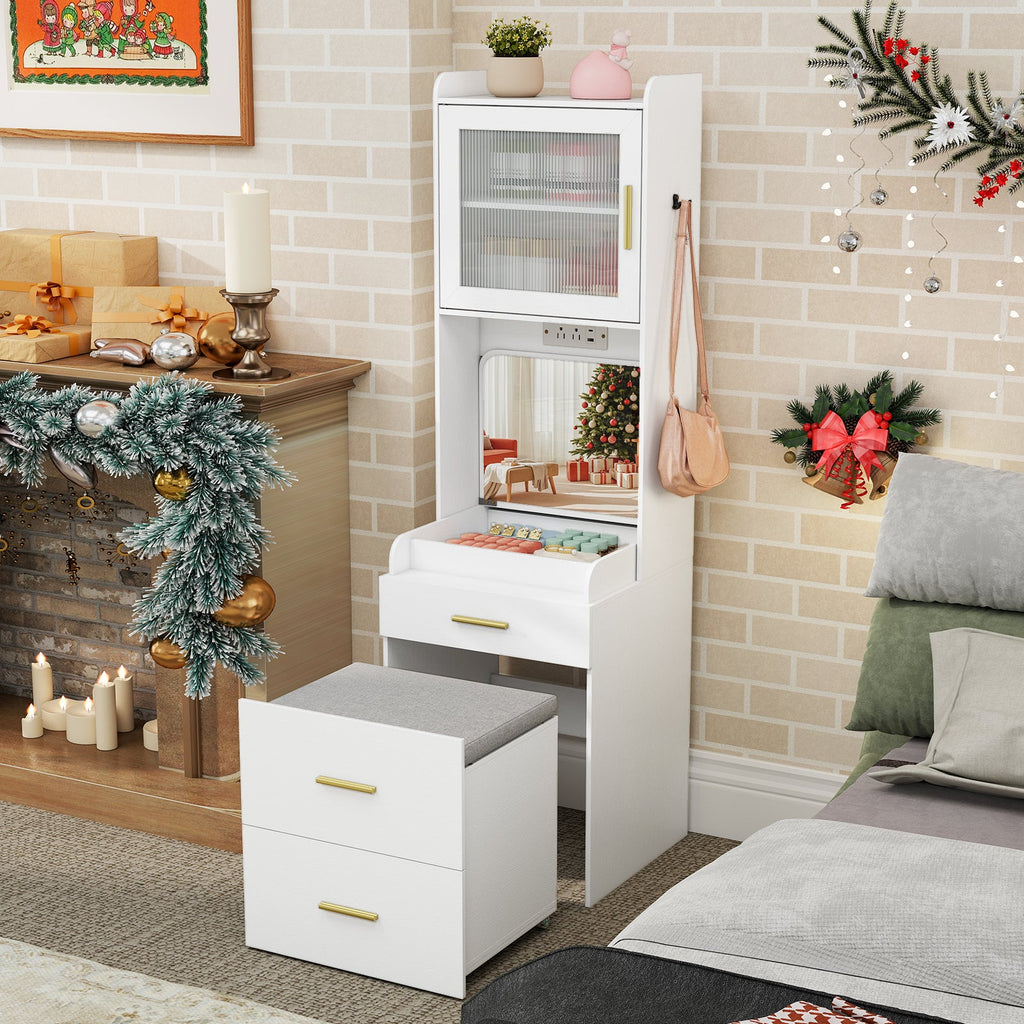 Makeup Vanity with Power Outlets and Flip-top Mirror and Storage Stool-White