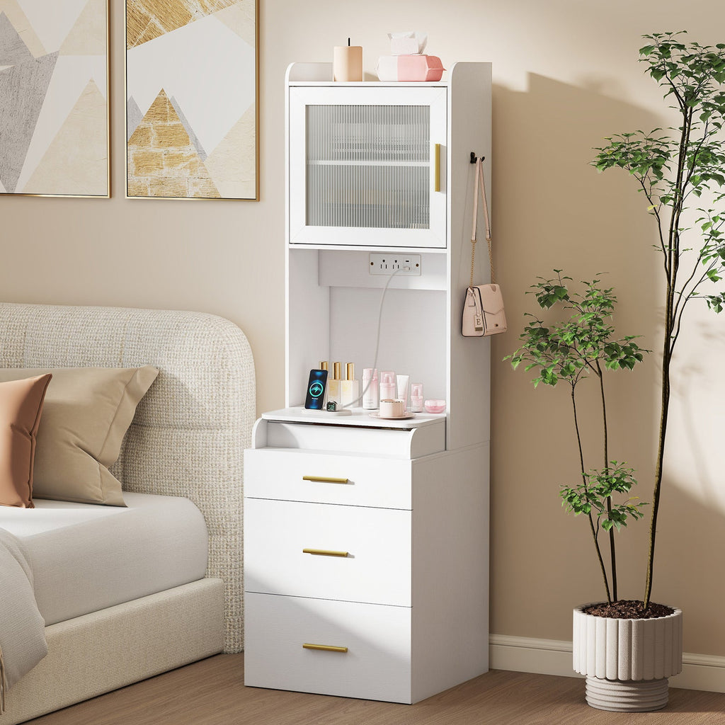 Makeup Vanity with Power Outlets and Flip-top Mirror and Storage Stool-White