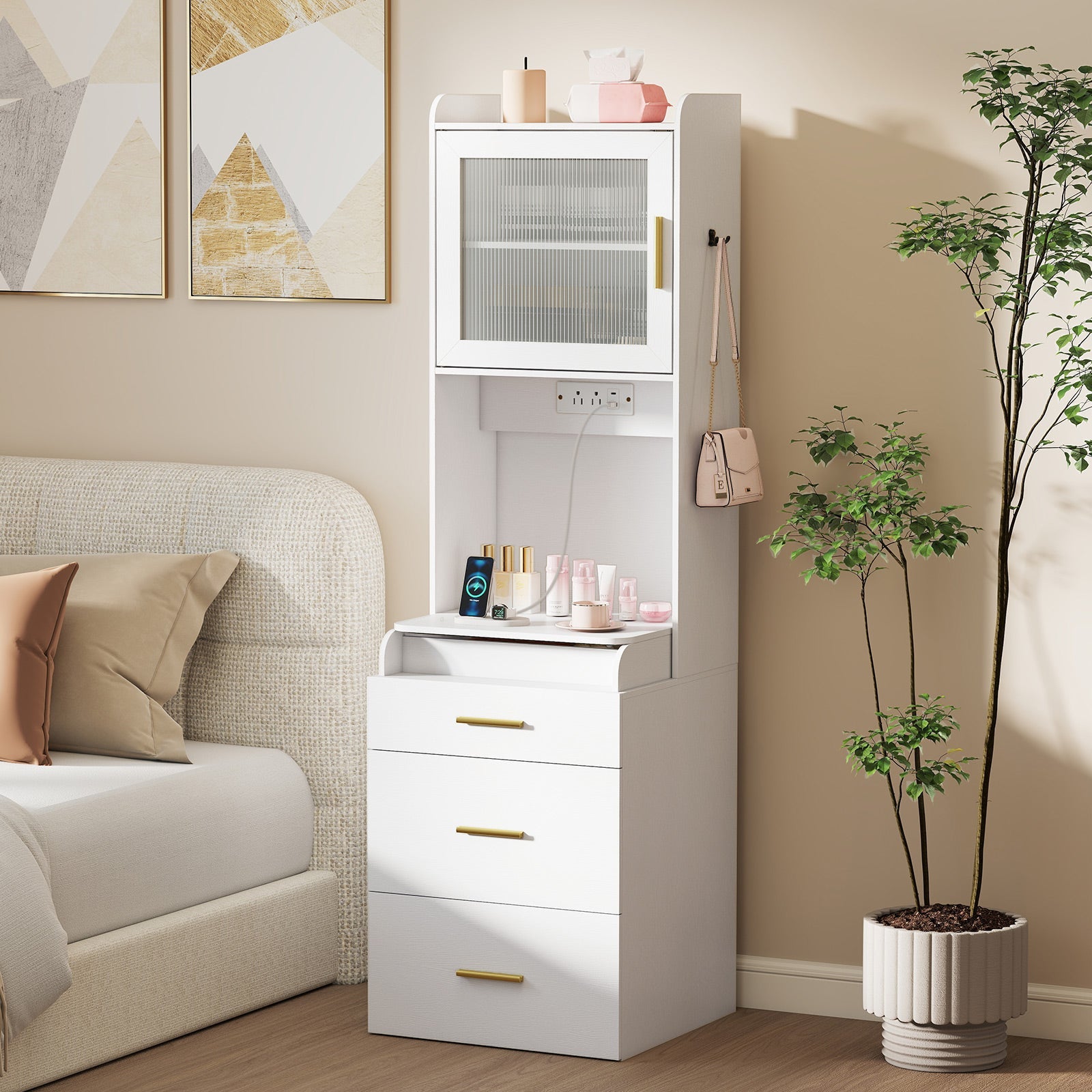 Makeup Vanity with Power Outlets and Flip-top Mirror and Storage Stool-White