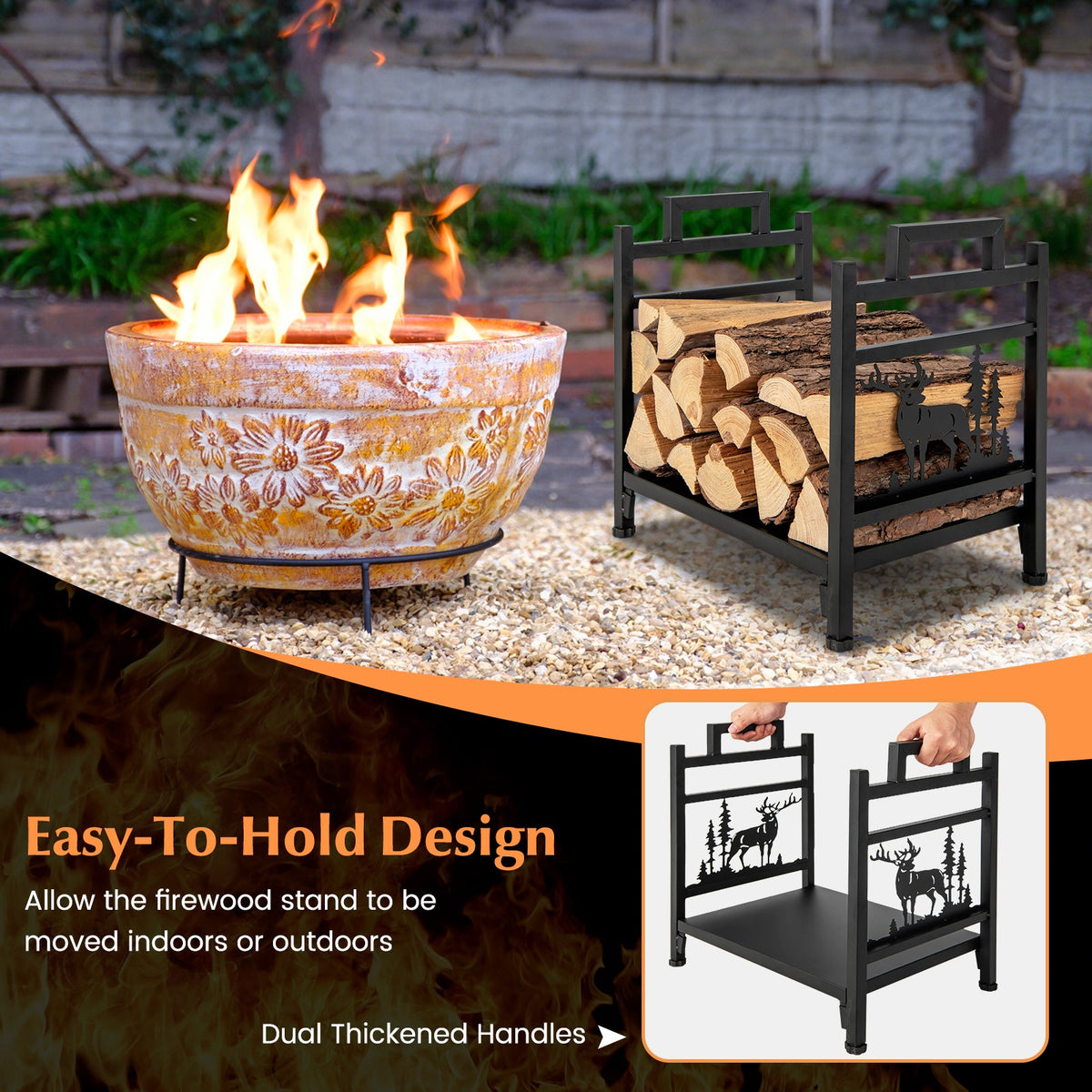 18.5 Inch Metal Firewood Rack with Dual Handles
