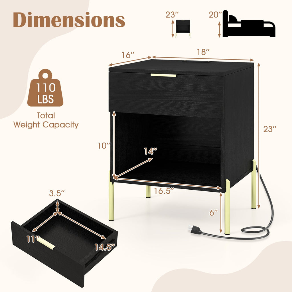 Nightstand with Charging Station and Storage Drawer