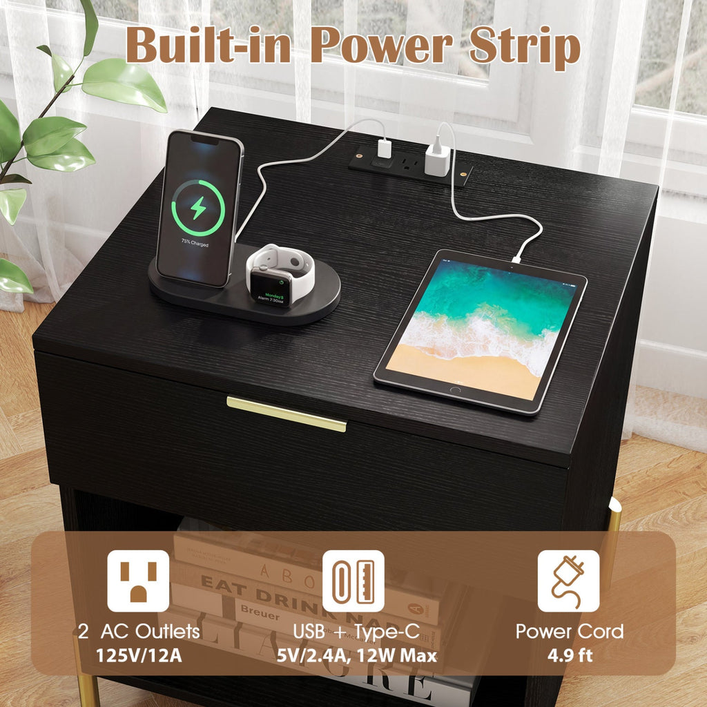 Nightstand with Charging Station and Storage Drawer