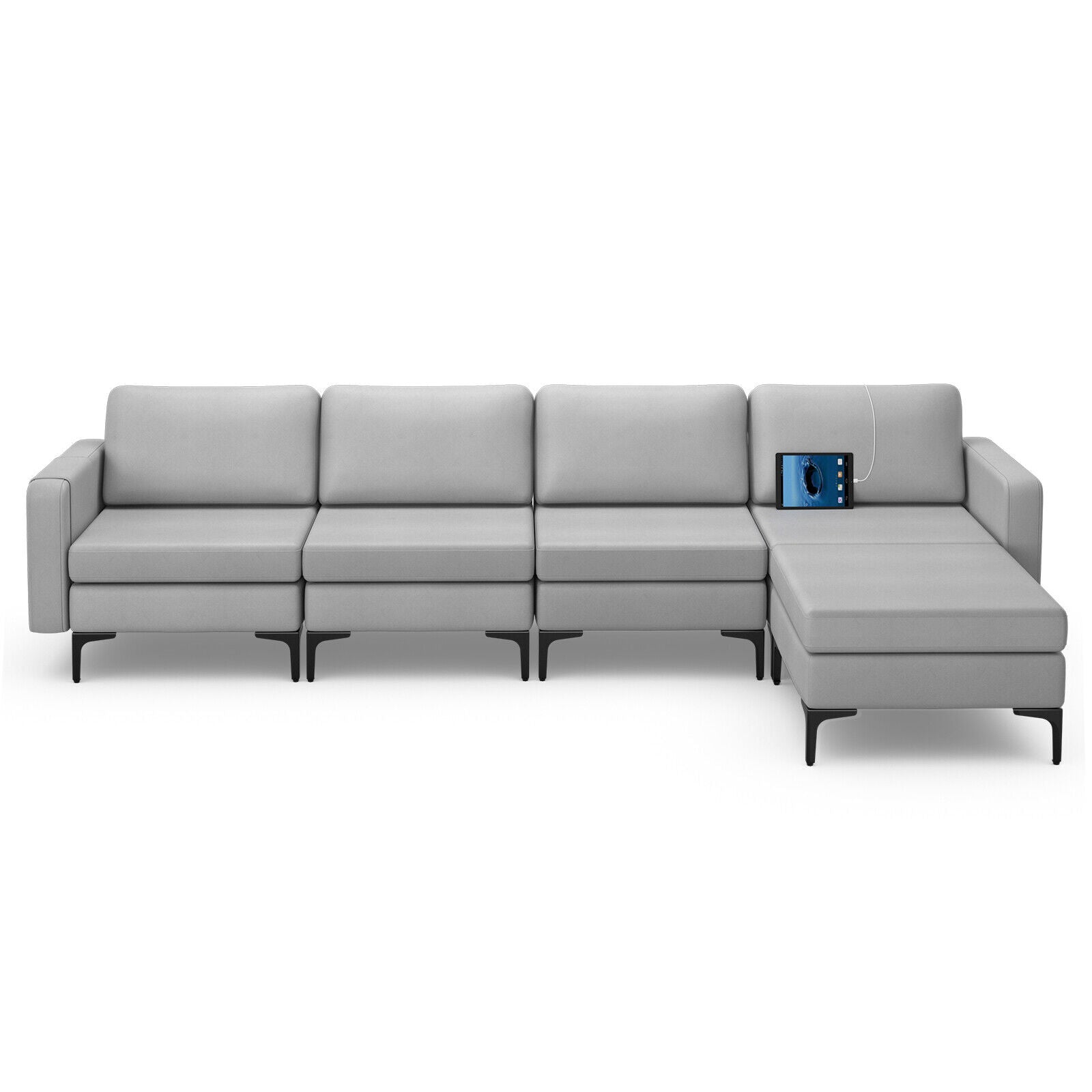 Modular L-shaped Sectional Sofa with Reversible Ottoman and 2 USB Ports