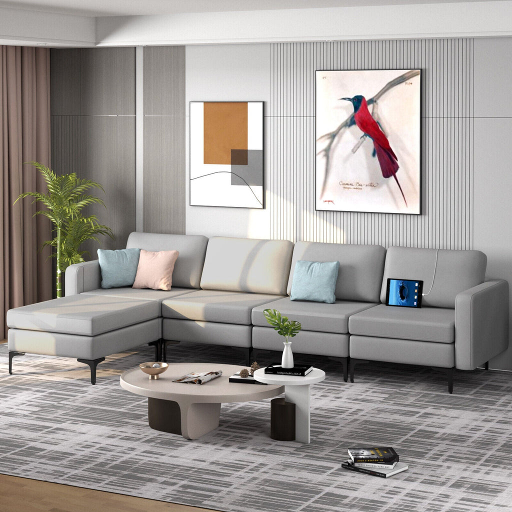 Modular L-shaped Sectional Sofa with Reversible Ottoman and 2 USB Ports