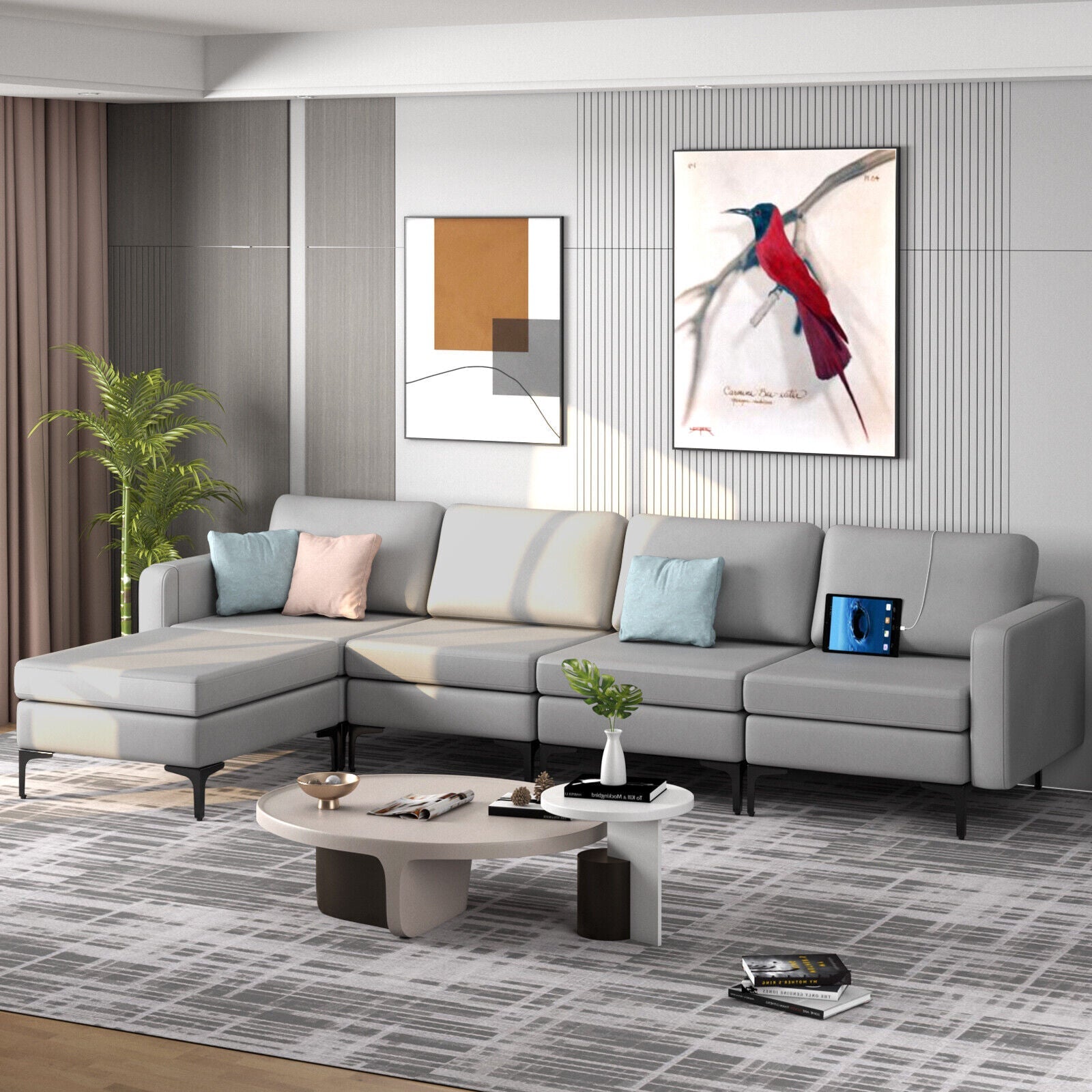 Modular L-shaped Sectional Sofa with Reversible Ottoman and 2 USB Ports