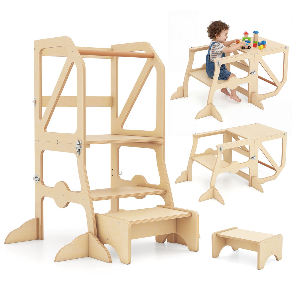 Multifunctional Kids Kitchen Step Stool with Removable Safety Bar and Fixing Buckles