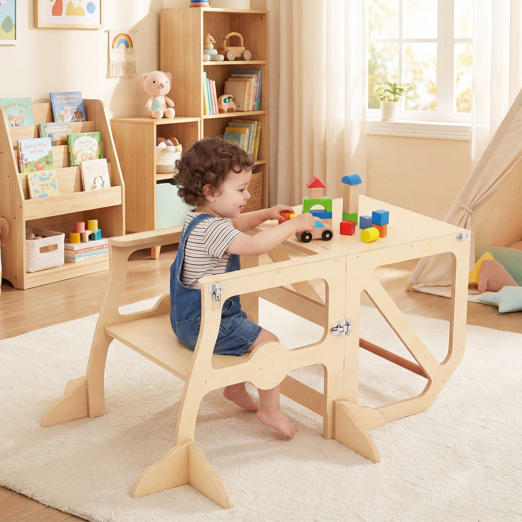 Multifunctional Kids Kitchen Step Stool with Removable Safety Bar and Fixing Buckles