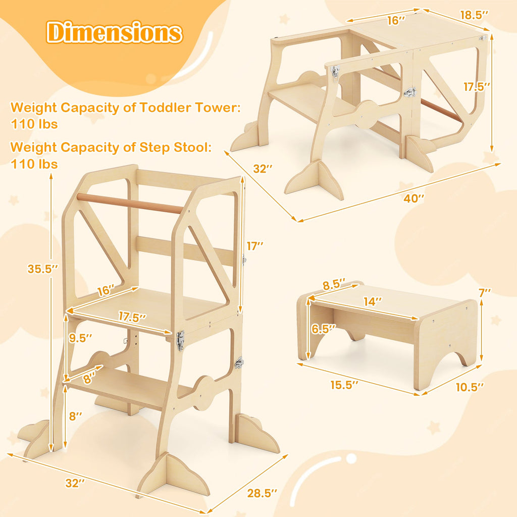 Multifunctional Kids Kitchen Step Stool with Removable Safety Bar and Fixing Buckles