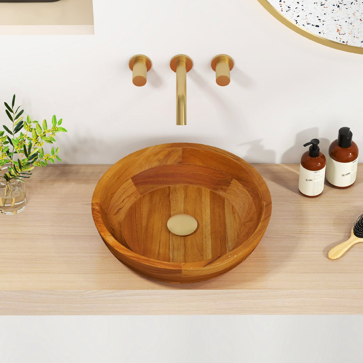 16 Inch Teak Wood Washbasin with Drainage Hole and Rounded Corners