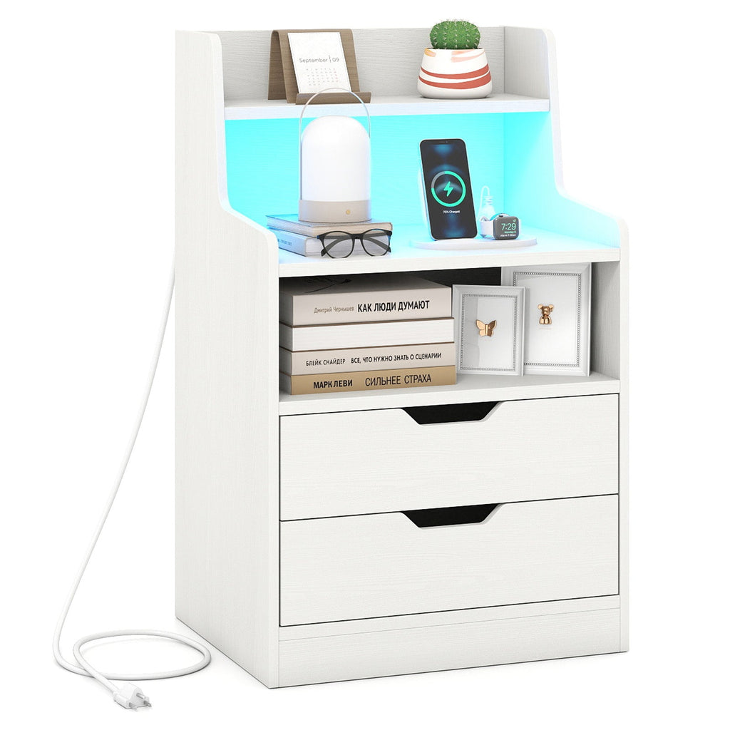 Nightstand with LED Light and Charging Station for Living Room Bedroom-White