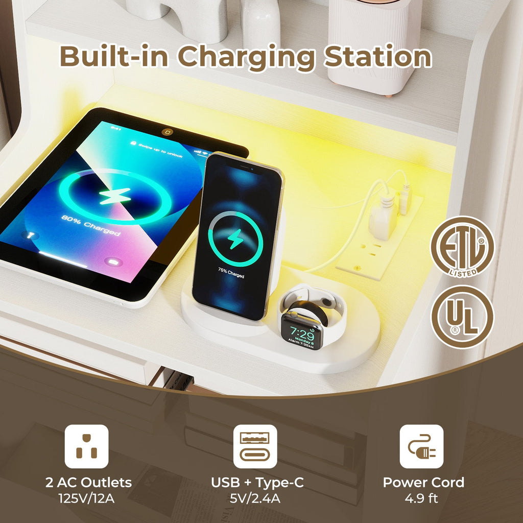 Nightstand with LED Light and Charging Station for Living Room Bedroom-White