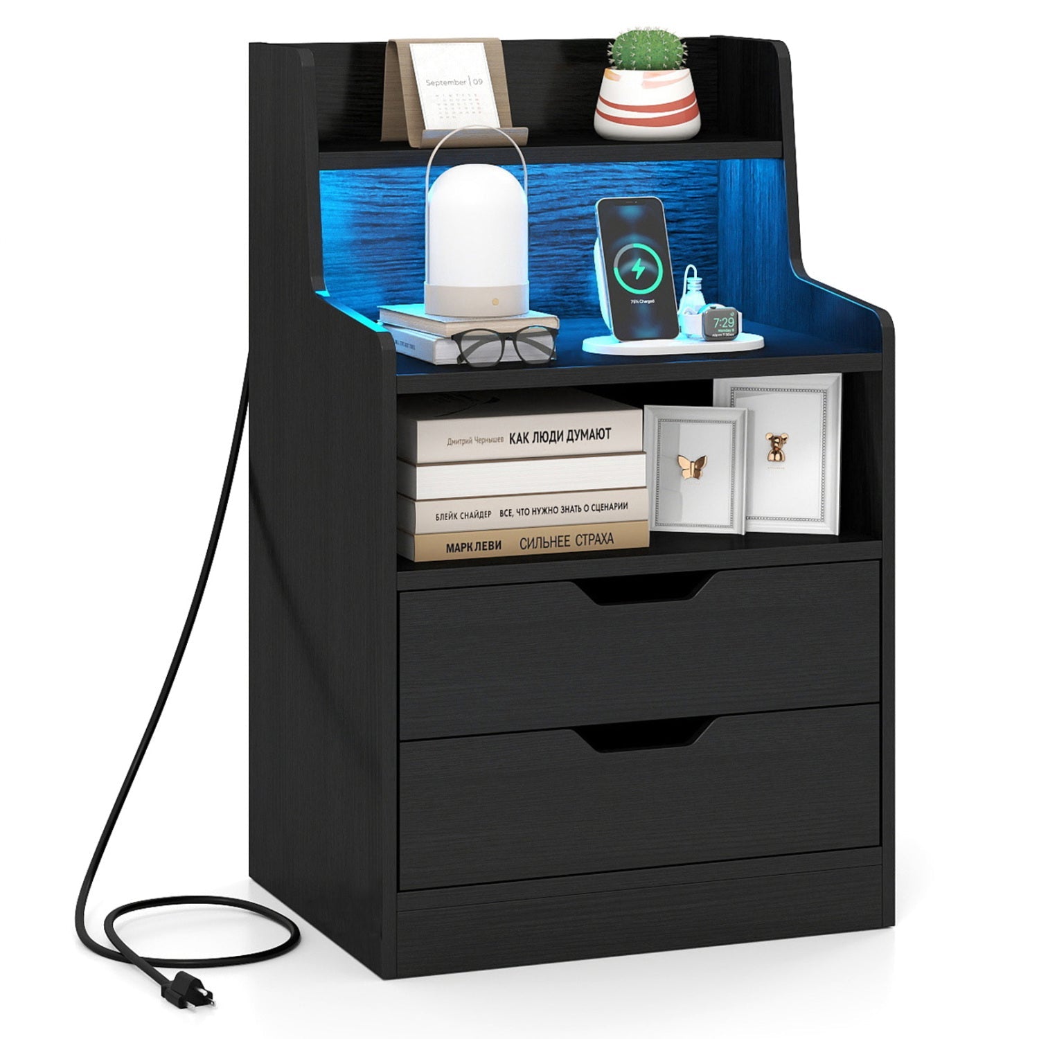 Nightstand with LED Light and Charging Station for Living Room Bedroom-White